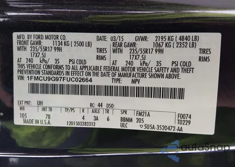 2015 Ford Escape Se from USA, damaged, VIN 1FMCU9G97FUC02664